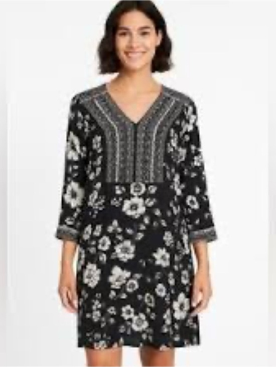 Garnet Hill Tops - Garnet Hill 100% Viscose Black Floral V-Neck Tunic Dress - Size L